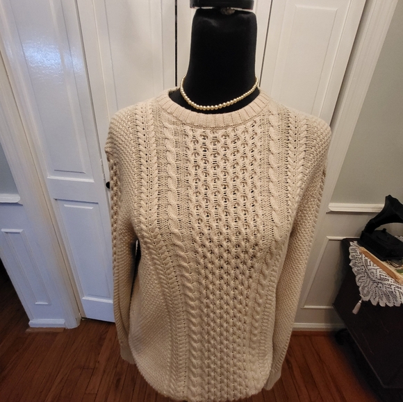 Beige Cable Knit Sweater Sz M Fisherman Core Preppy Academia  Old Money Coastal - Picture 4 of 7